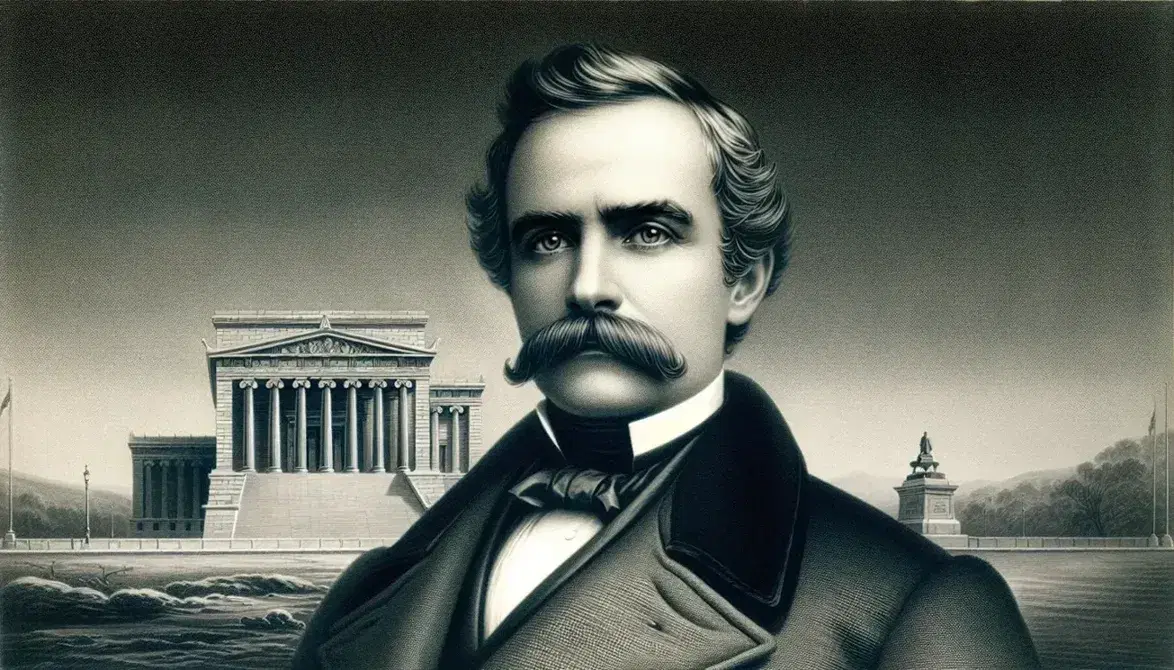 Retrato de hombre con bigote espeso y traje formal del siglo XIX frente a edificio neoclásico bajo cielo azul.