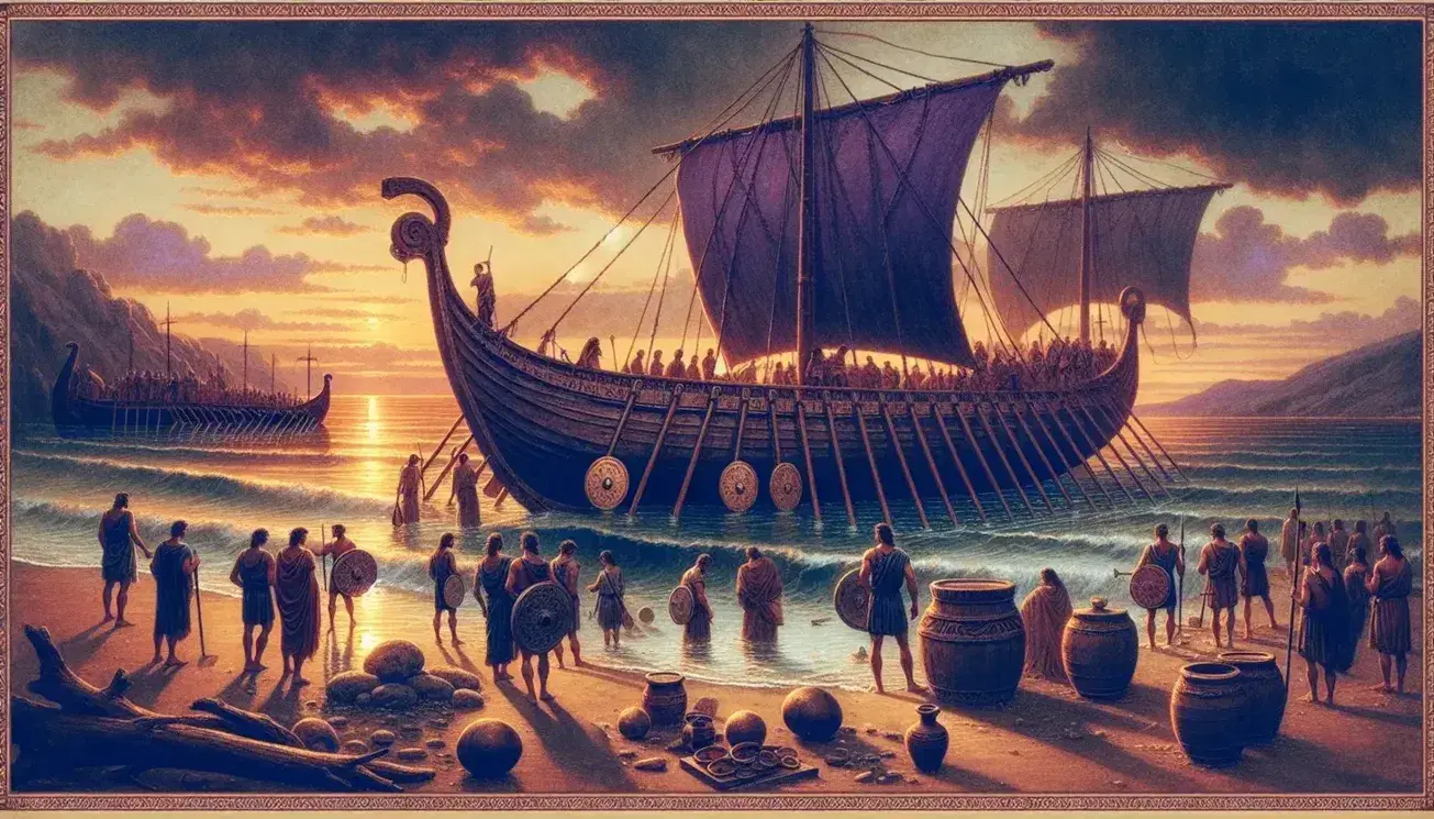 Nave antica con remi e scudi ormeggiata al tramonto su spiaggia, persone in abiti storici scaricano oggetti, cielo arancione e viola.