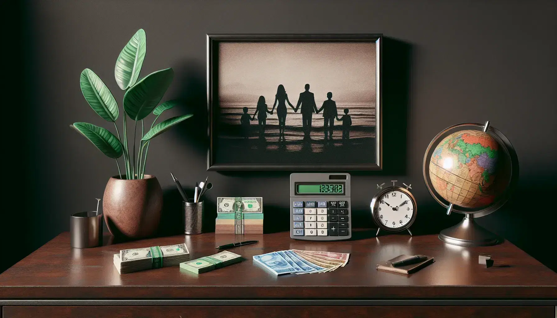 Escritorio de madera oscura con calculadora, billetes, globo terráqueo, marco con foto familiar y planta en maceta, junto a reloj analógico.