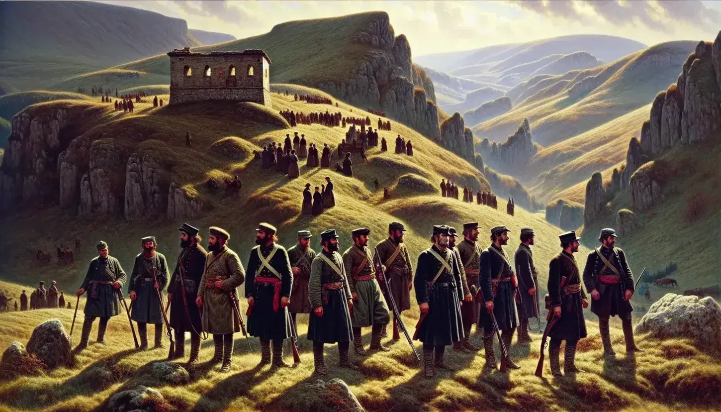 Paisaje montañoso con grupo de figuras en atuendos del siglo XIX y rifles, destacando una con banda roja, y antigua construcción de piedra al fondo bajo cielo azul claro.