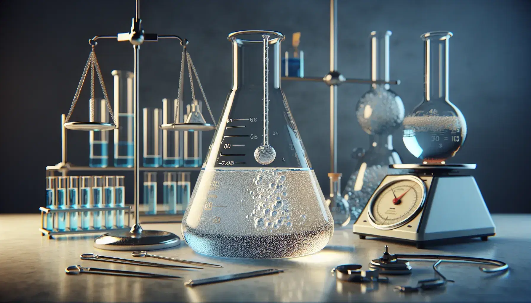 Laboratorio científico con matraz Erlenmeyer y líquido burbujeante, tubo de ensayo con sólido cristalino, balanza analítica y cilindro graduado con líquido azul.