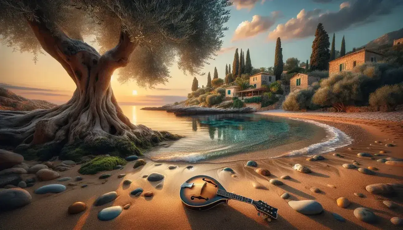 Serene Mediterranean beach at sunset with gentle waves, a mandolin on the sand, an olive grove, and a village with terracotta roofs under a colorful sky.