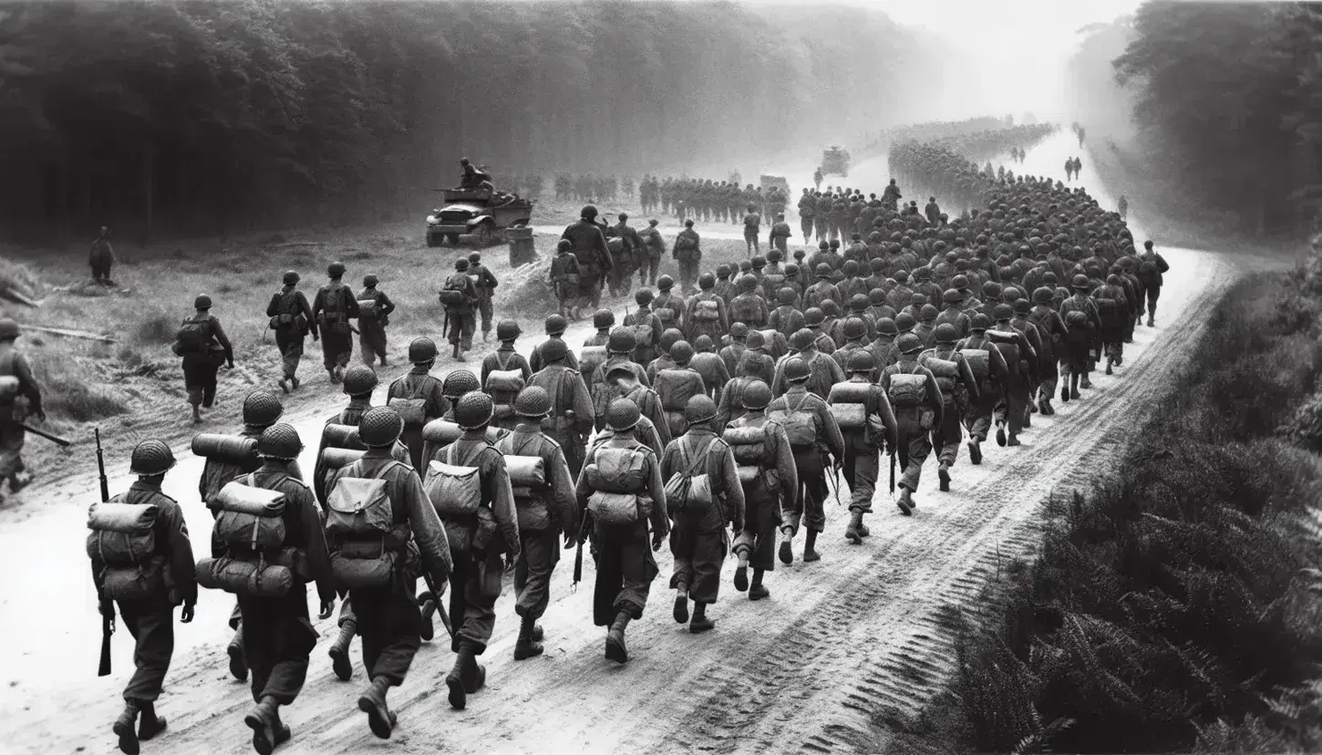 Soldati alleati in marcia durante la Seconda Guerra Mondiale, con uniformi e fucili, su una strada sterrata fiancheggiata da alberi.