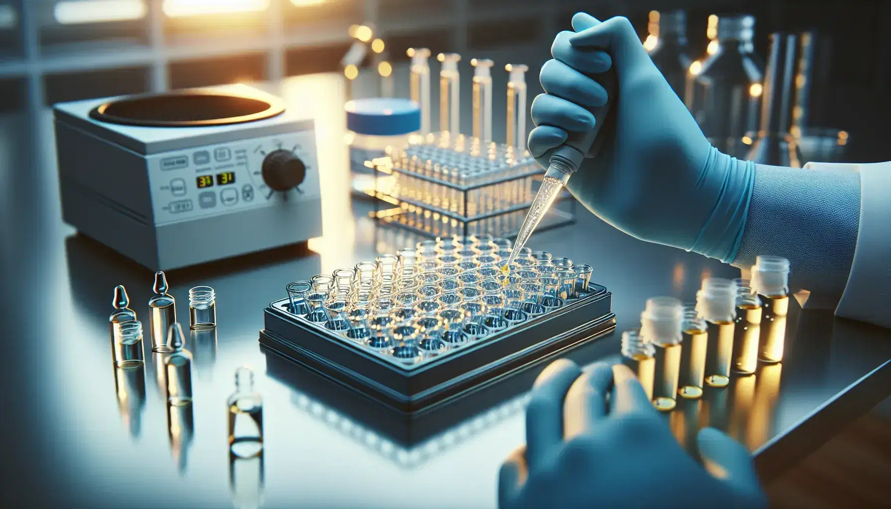 Scientist hands in blue gloves using a pipette to transfer liquid into a microtiter plate in the laboratory, with centrifuge and test tubes in the background.