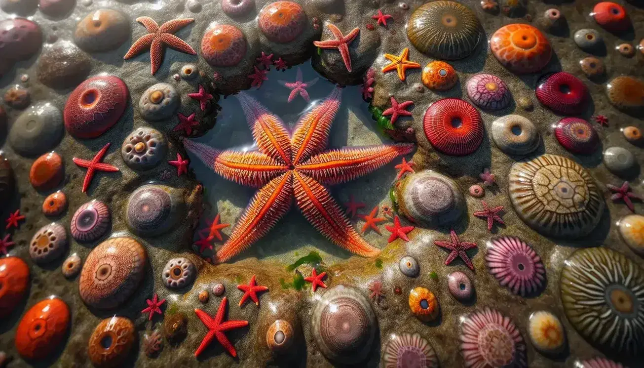 Estrella de mar naranja con cinco brazos en el centro de una zona intermareal rocosa con estrellas de mar rojas, amarillas y moradas entre algas verdes y marrones.