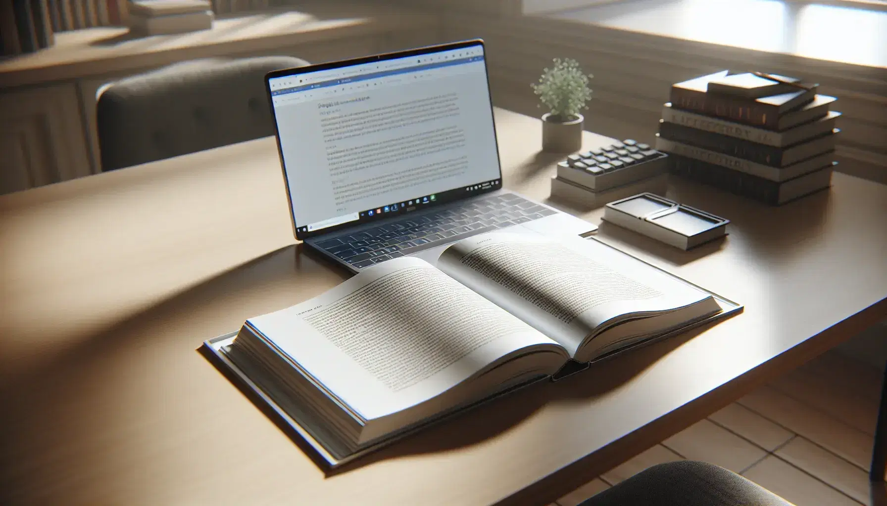 Tidy desk with open book, turned on laptop, glass beaker with clear liquid, green plant and black glasses in a lighted room.