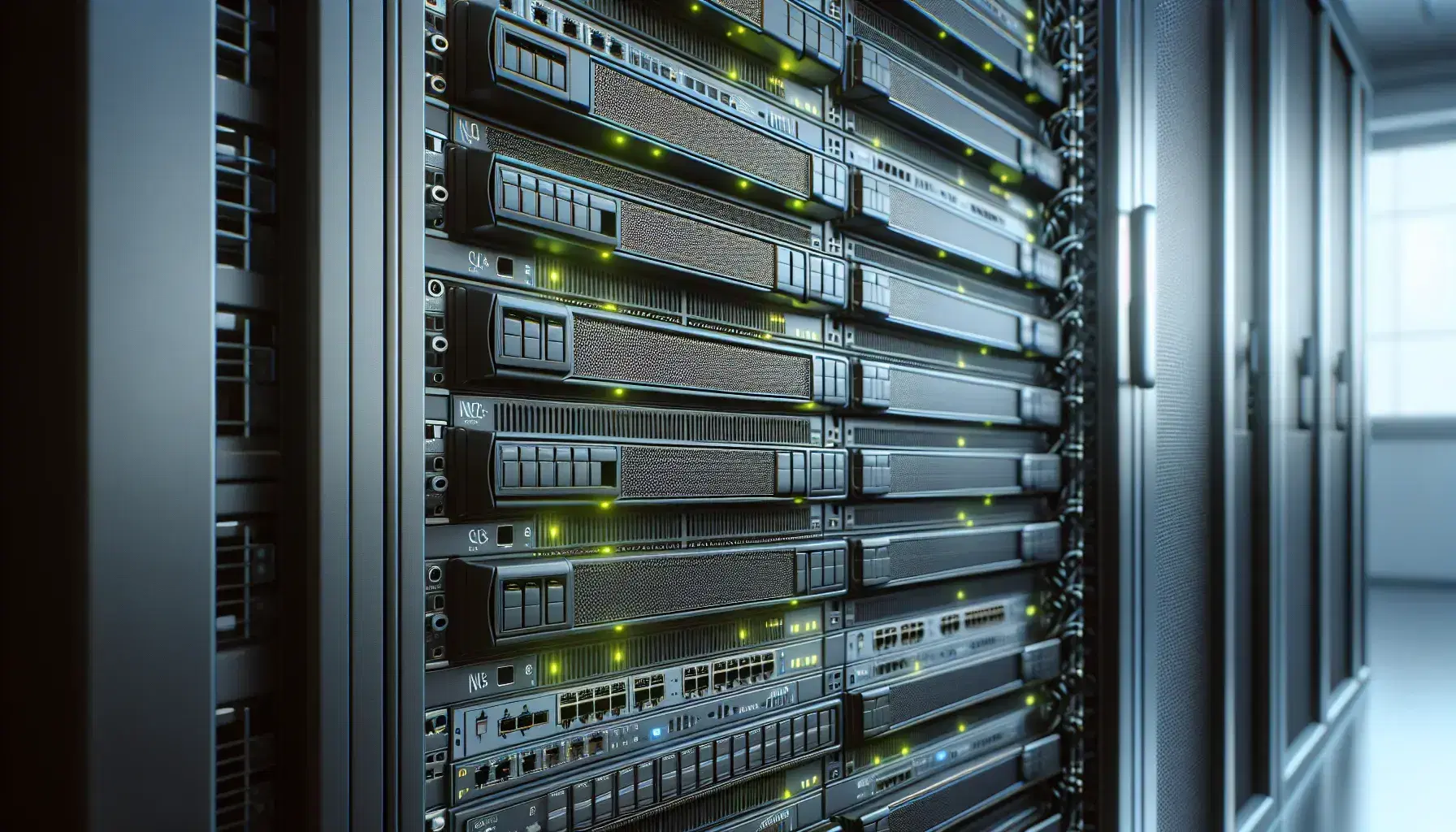 Server rack cabinet in a data center with network switches in the foreground, LEDs lit with no visible cables, modern technology environment.
