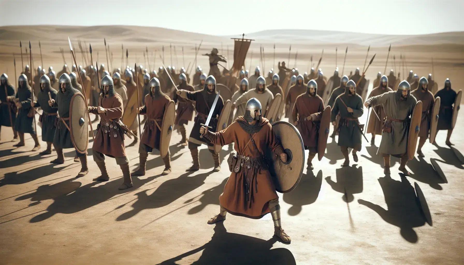 Grupo de guerreros en formación de batalla con túnicas en tonos tierra, armas de época y escudos redondos, liderados por un hombre con casco metálico bajo un cielo azul.