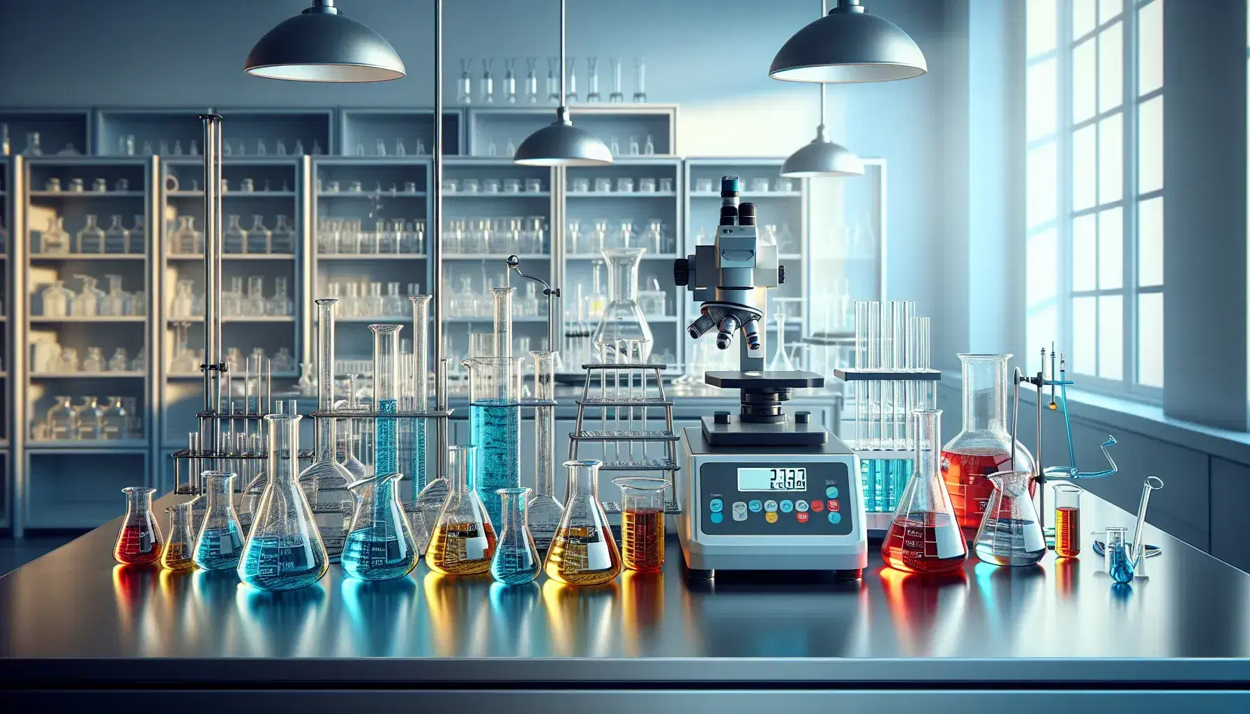 Laboratorio scientifico moderno con tavolo da lavoro, becher con liquidi colorati, pipette, bilancia analitica e microscopio.