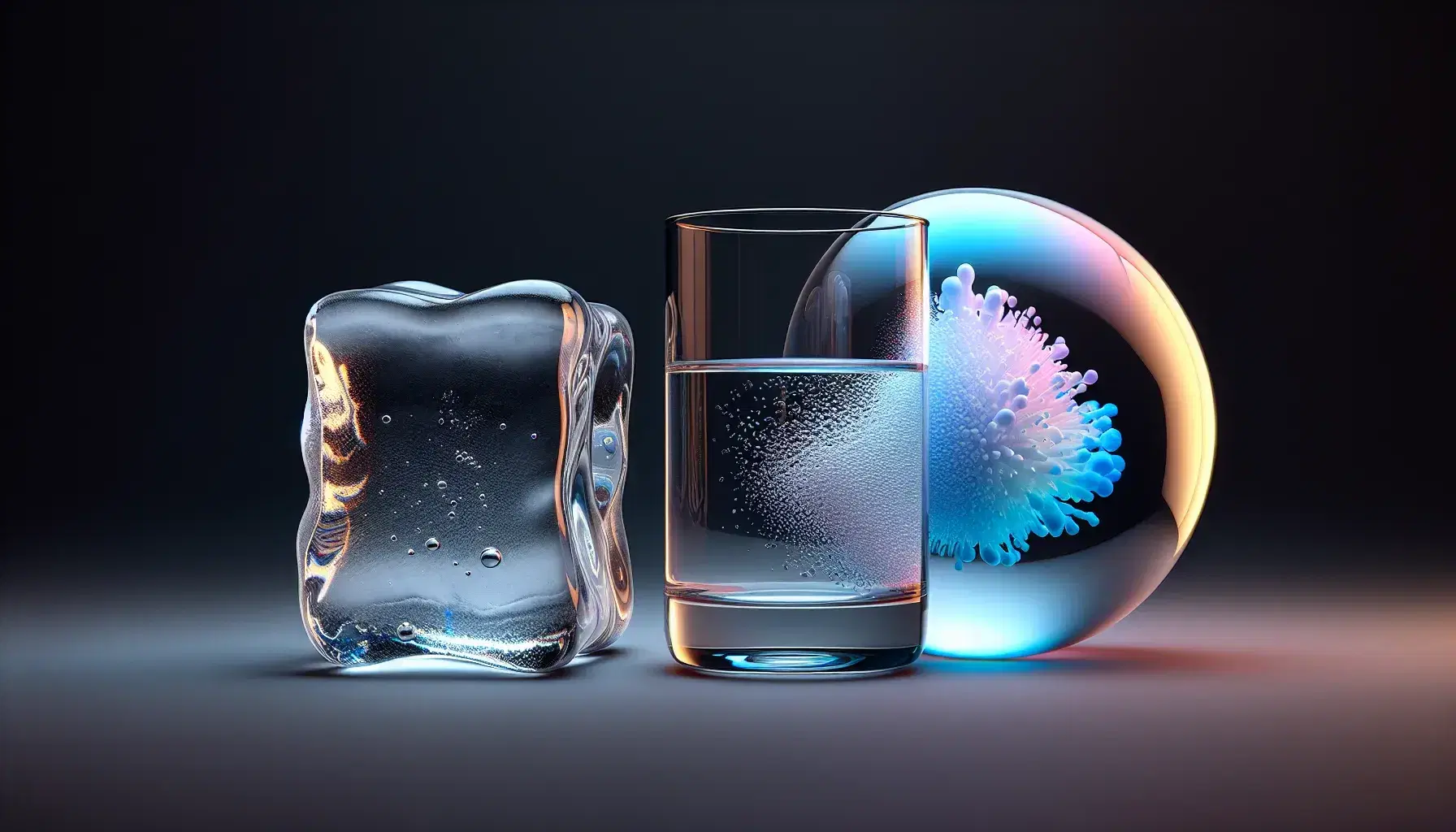 Cubo di ghiaccio traslucido, bicchiere d'acqua e palloncino con gas azzurro rappresentano stati solidi, liquidi e gassosi su sfondo neutro.