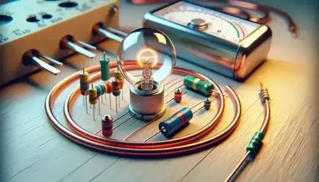 Circuito elettrico semplice su superficie in legno con lampadina accesa, resistore colorato, fili di rame e batteria cilindrica.