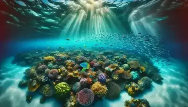 Underwater scene in the Indian Ocean with colorful coral reef, tropical fish and sunbeams filtering through the turquoise water.