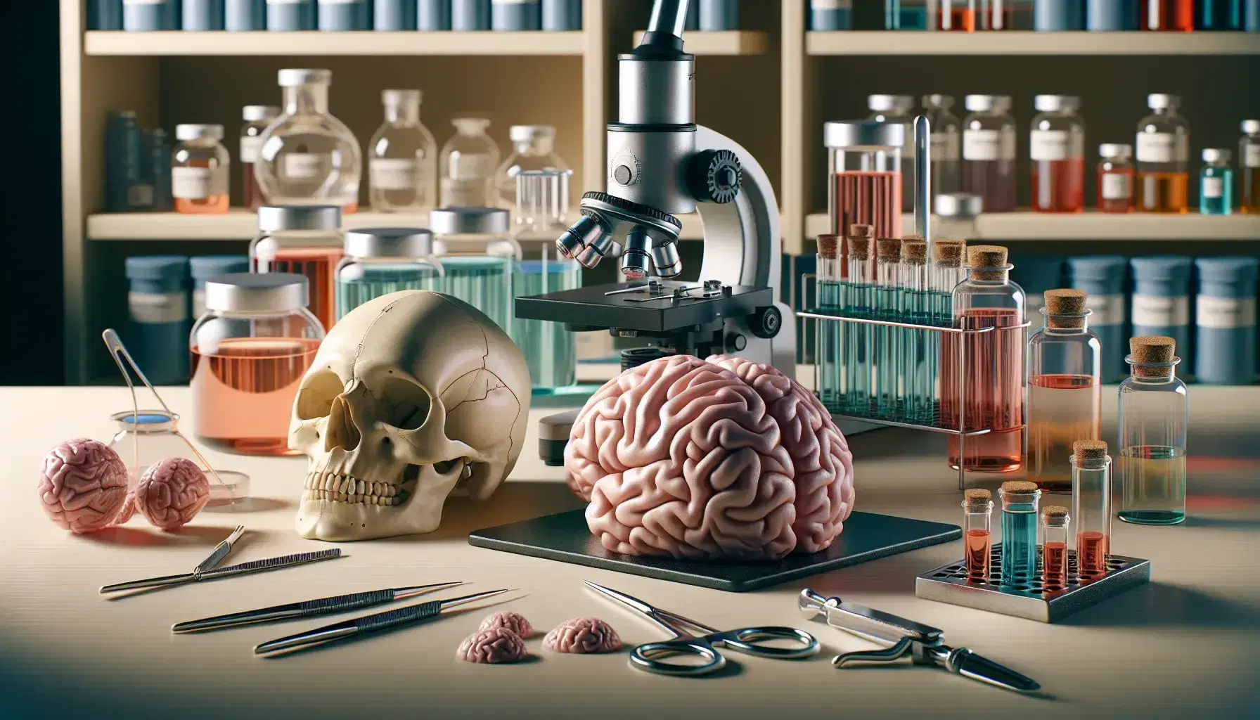 Laboratorio de neurociencia con cerebro humano detallado, microscopio compuesto y modelo de cráneo sobre mesa, rodeados de frascos con líquidos coloridos.