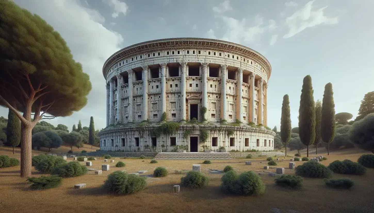 Mausoleo di Augusto restaurato, struttura rotonda in pietra con aperture rettangolari e vegetazione circostante sotto un cielo azzurro.