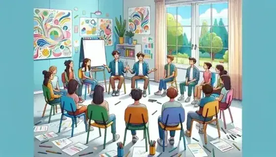 Aula luminosa con studenti diversificati seduti in cerchio su sedie colorate, uno parla gesticolando, fogli e penne colorate sul pavimento, pareti decorate, finestra con vista sul verde.