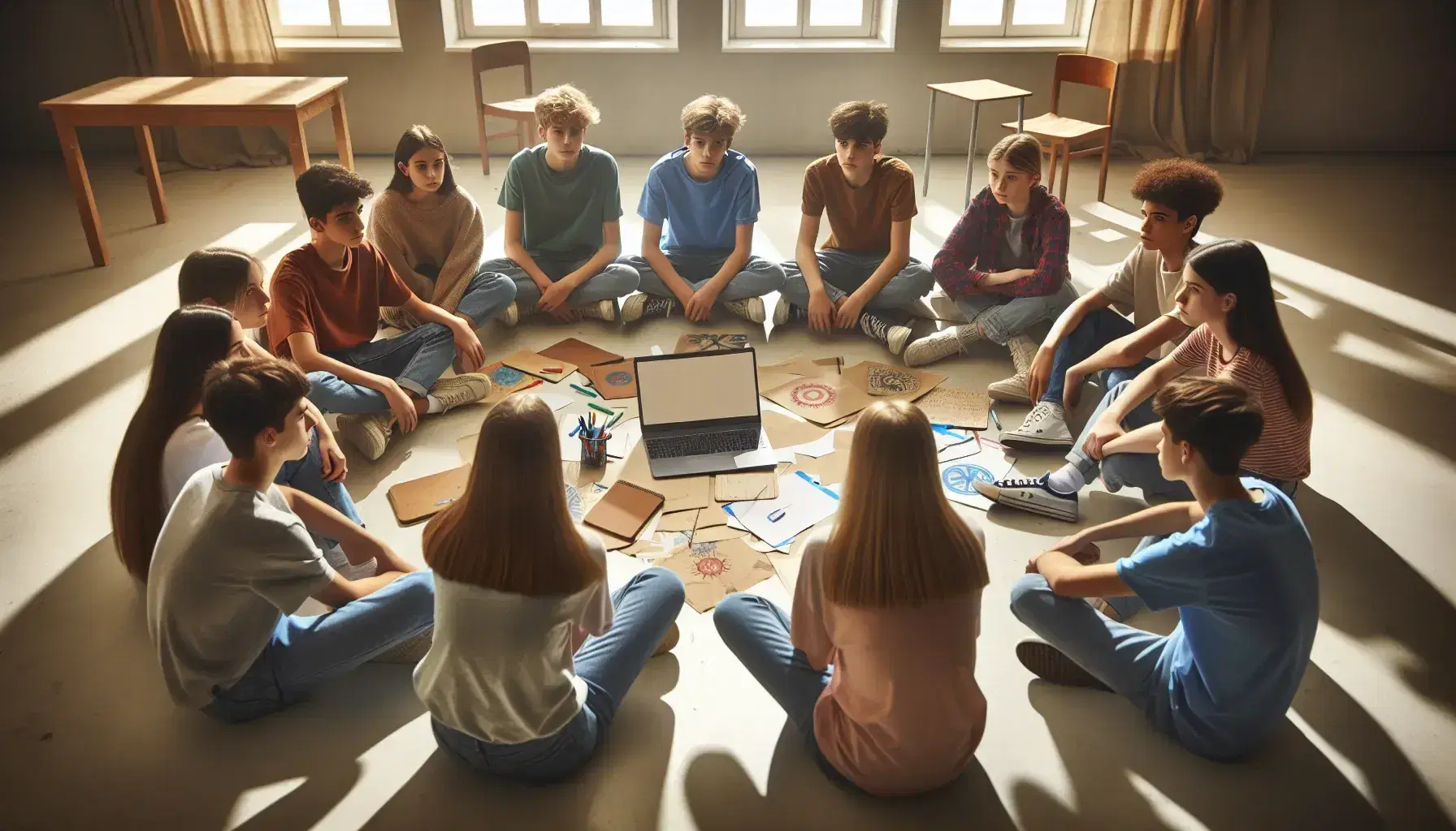 Gruppo di adolescenti seduti in cerchio in aula con laptop aperto al centro, discutono attivamente in un ambiente illuminato dalla luce naturale.