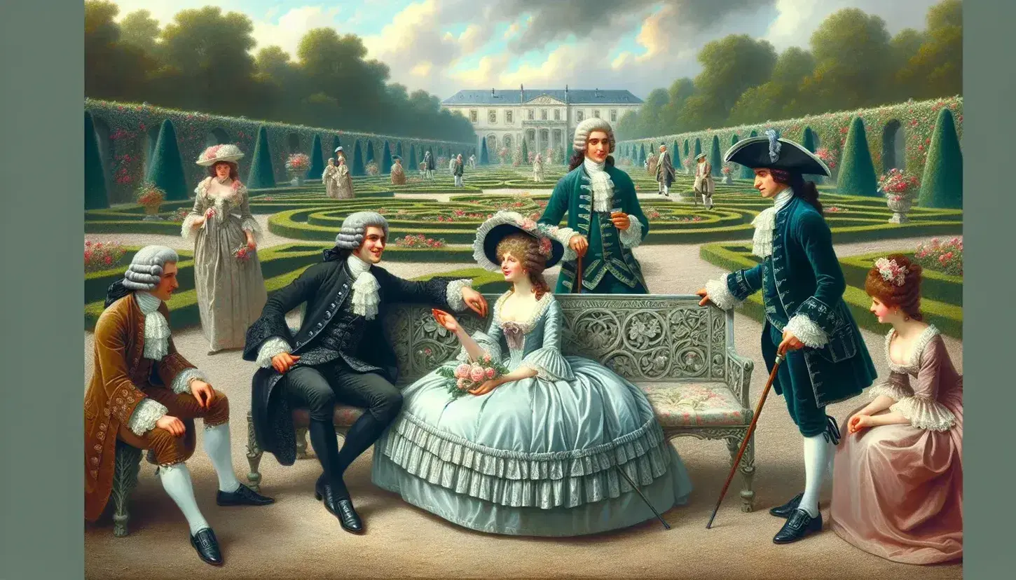 Scena settecentesca in giardino con persone in costume d'epoca, conversano su panchina in pietra, villa palladiana sullo sfondo.