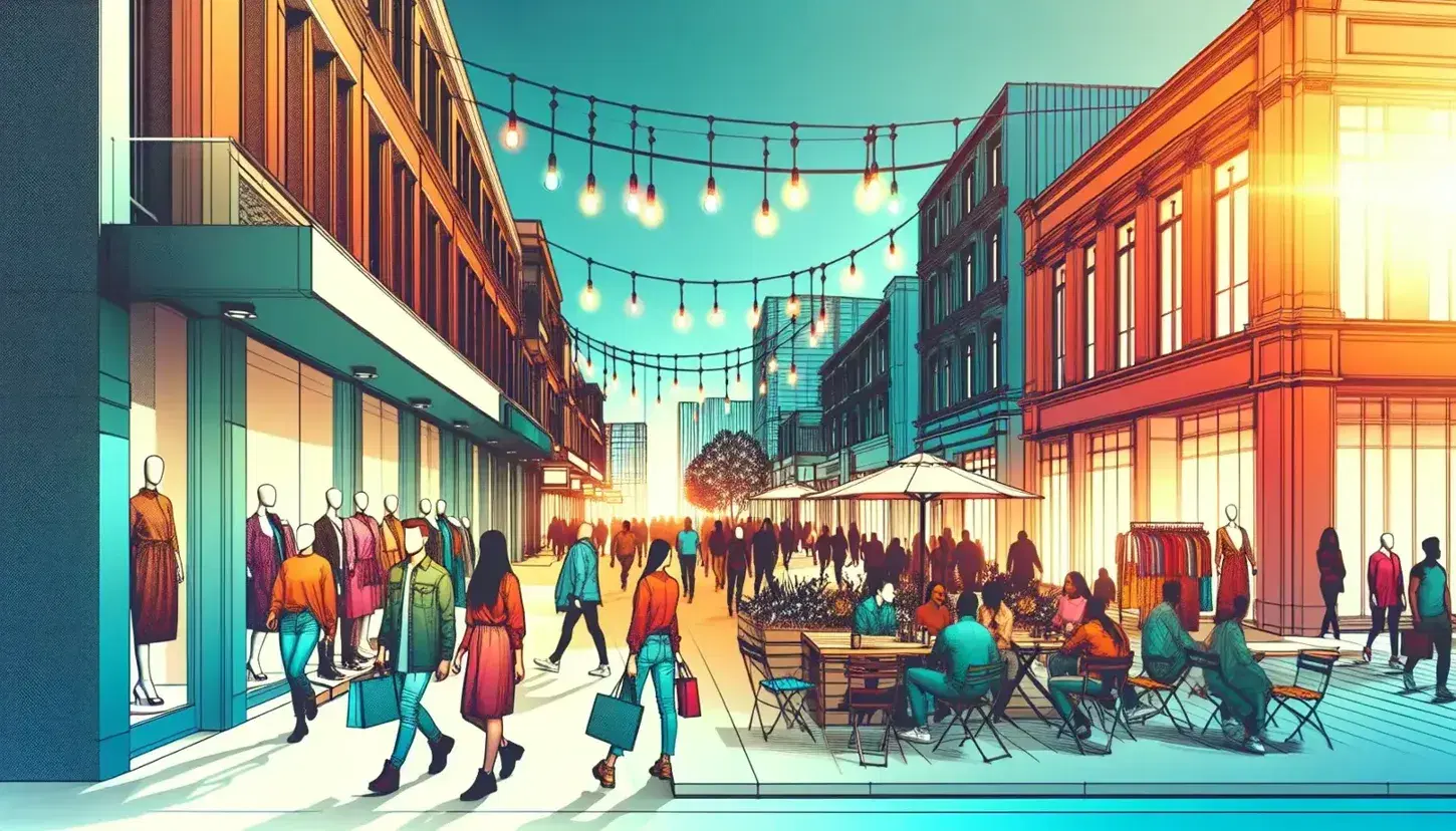 Lively urban shopping street with people of different ethnicities in colorful clothes, trendy shop windows and outdoor cafes under bulb lights and blue sky.