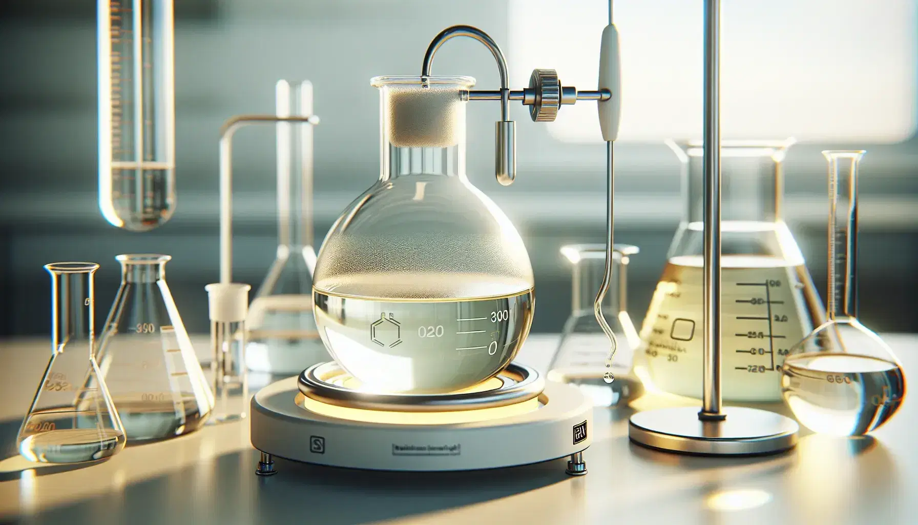 Laboratory with round bottom flask containing pale yellow liquid on magnetic stirrer and heating mantle, with funnel and glassware in background.