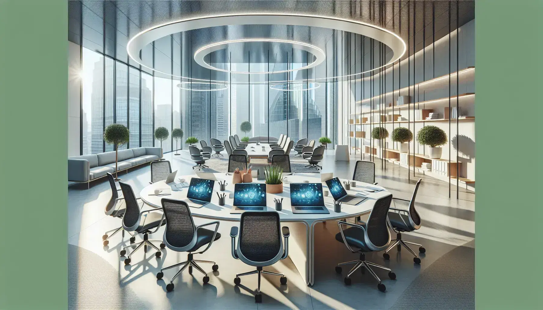Ufficio moderno e luminoso con tavolo ovale, sedie ergonomiche, laptop, piante, e finestra con vista urbana, mano disegna grafico.