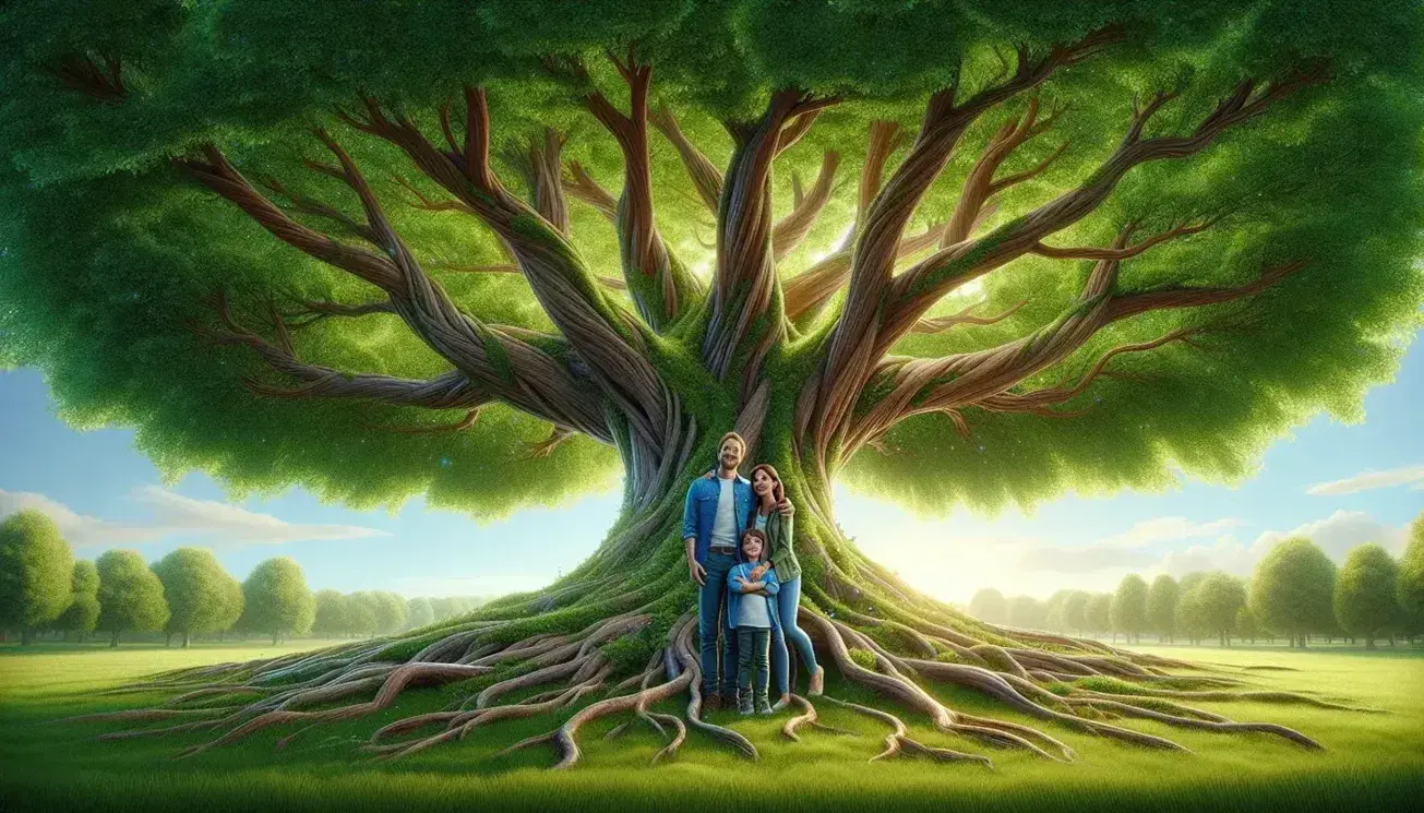 Albero rigoglioso con radici spesse, famiglia felice con bambino al centro, cielo azzurro con nuvole sparse e prato verde.