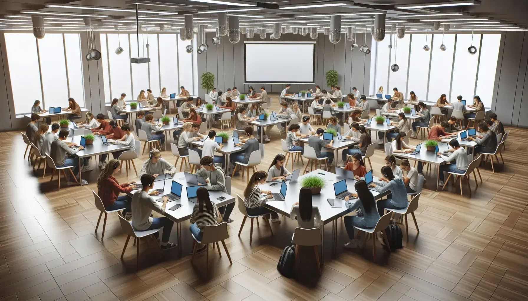 Estudiantes diversos concentrados en laptops en aula iluminada con pizarra blanca y planta verde, reflejando ambiente de estudio colaborativo.