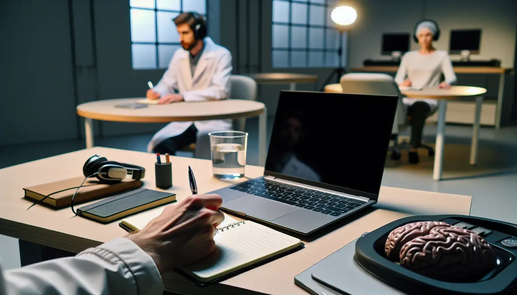 Laboratorio di ricerca psicologica con ricercatore in camice bianco che osserva soggetto con cuffie, laptop e taccuino sul tavolo.