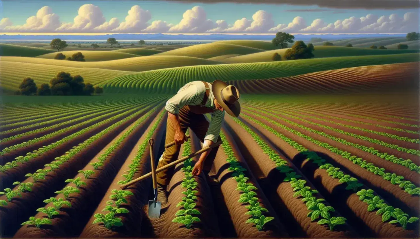Campo agrícola con surcos de tierra y plantas jóvenes verdes, un agricultor examinando un cultivo y un cielo azul con nubes sobre colinas al fondo.