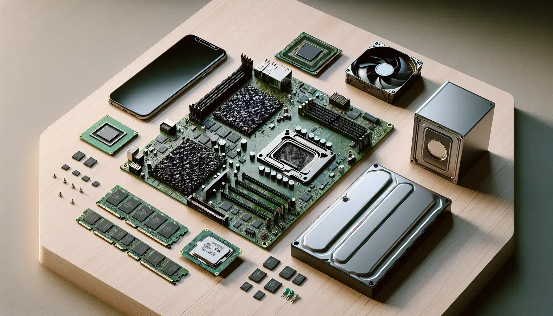 Componentes de hardware de computadora sobre mesa de madera con placa base, procesador, módulo de RAM, disco duro interno, tarjeta gráfica y SSD junto a smartphone mostrando interfaz de software.