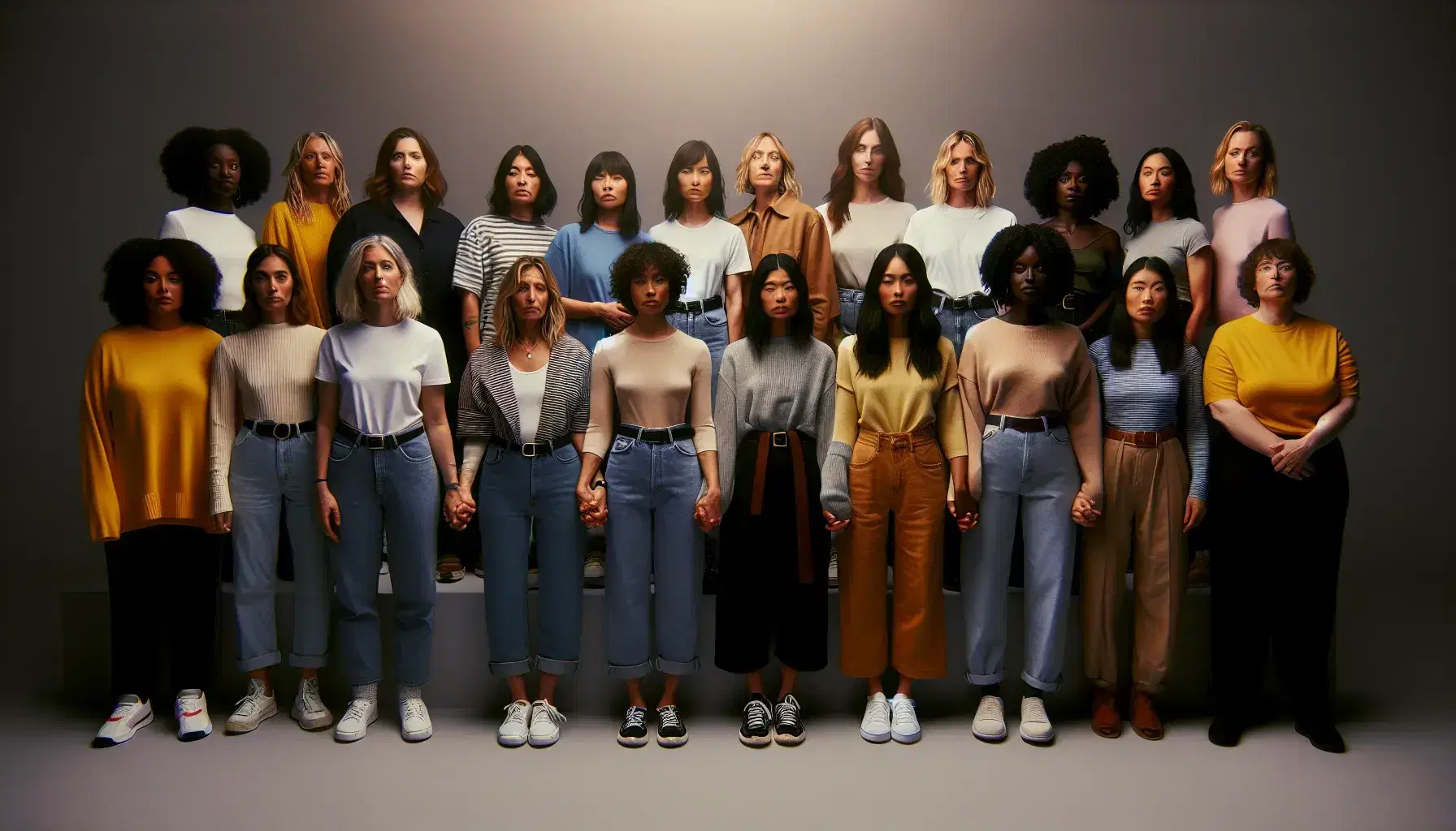 Diverse group of women standing together in solidarity, representing inclusivity and body positivity, with a backdrop promoting unity and support.