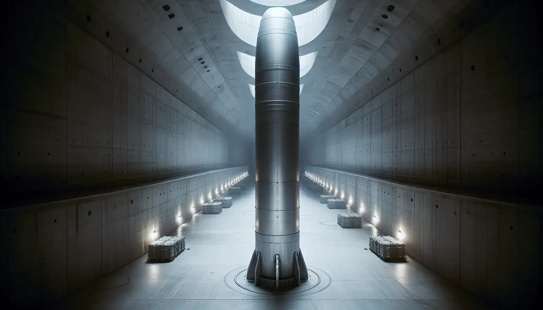 Vertical missile housed in a stark concrete silo, with cylindrical structures and dim overhead lighting emphasizing the cold, isolated environment.