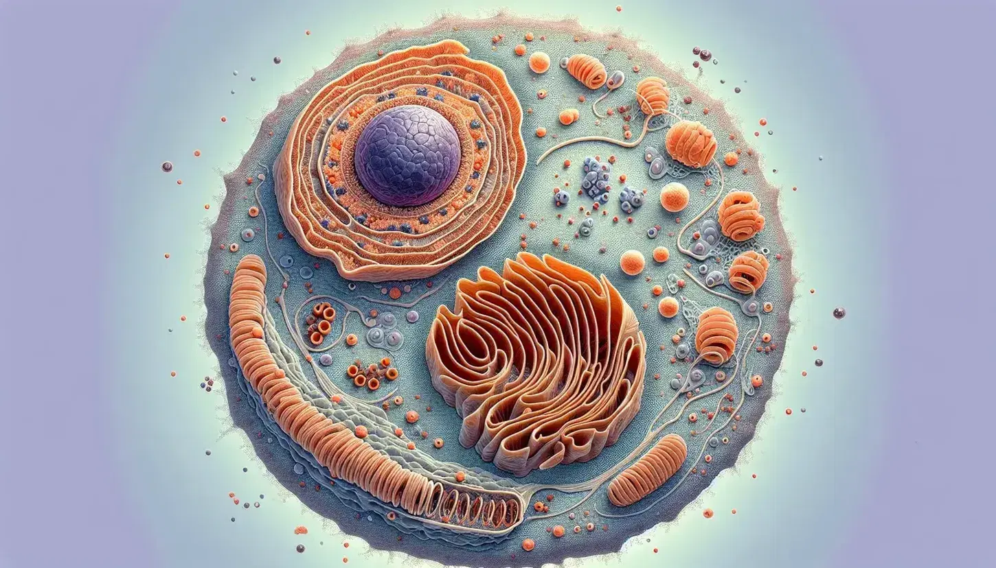 Vista microscópica de célula eucariota con núcleo púrpura, mitocondria rojiza, retículo endoplásmico rugoso y complejo de Golgi amarillo en fondo azul.