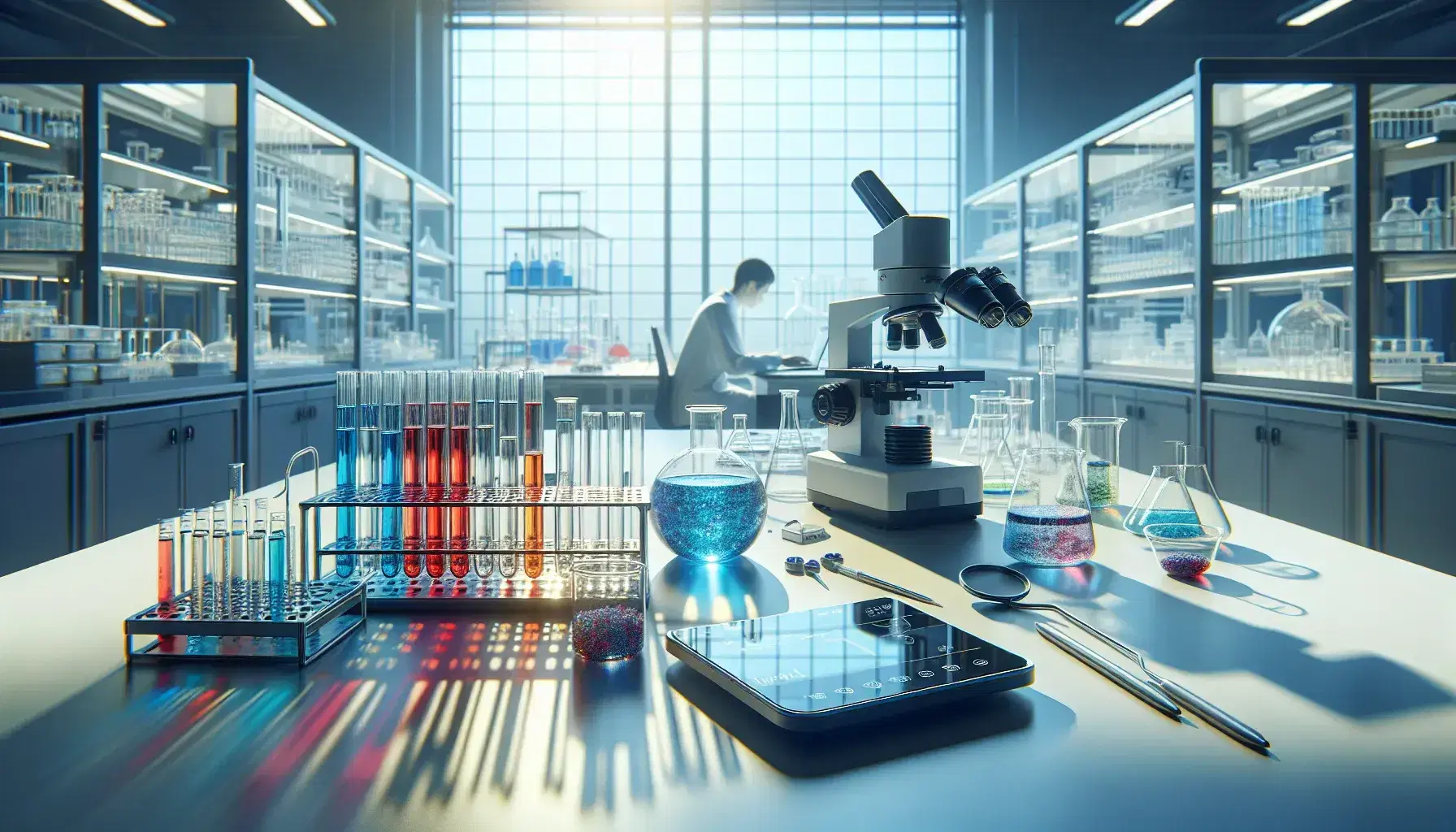 Laboratorio di ricerca moderno e luminoso con tavolo attrezzato di provette colorate, bilancia digitale, microscopio e ricercatore al computer.