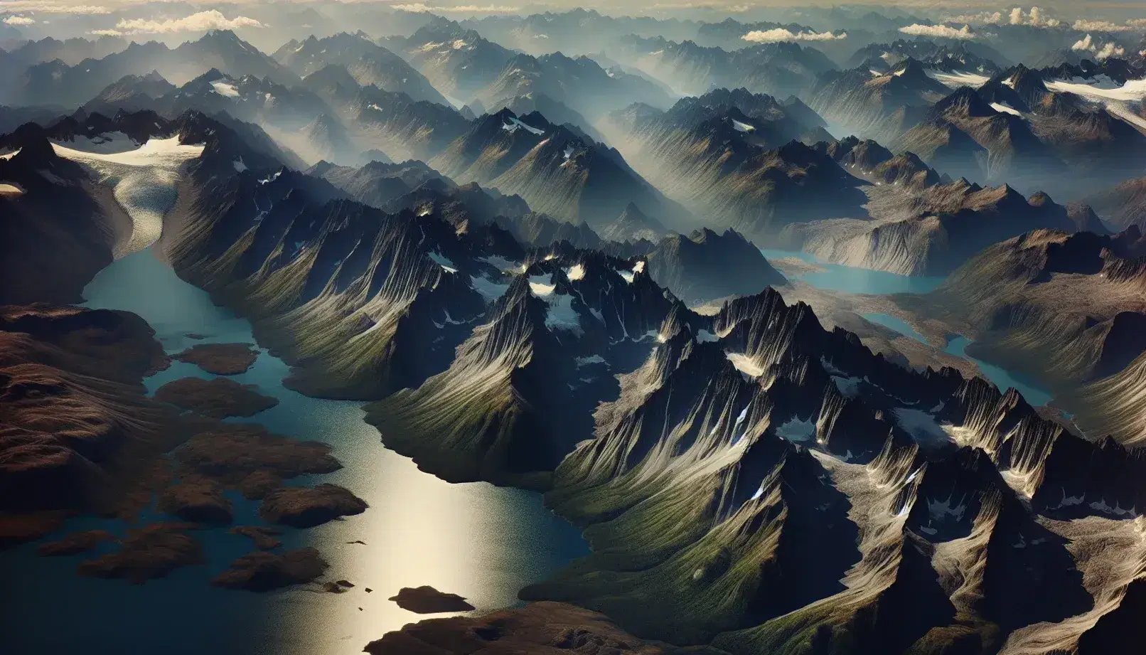 Vista aérea de una cadena montañosa con picos escarpados y vegetación verde oscura, un lago azul profundo a la izquierda y cielo azul claro.