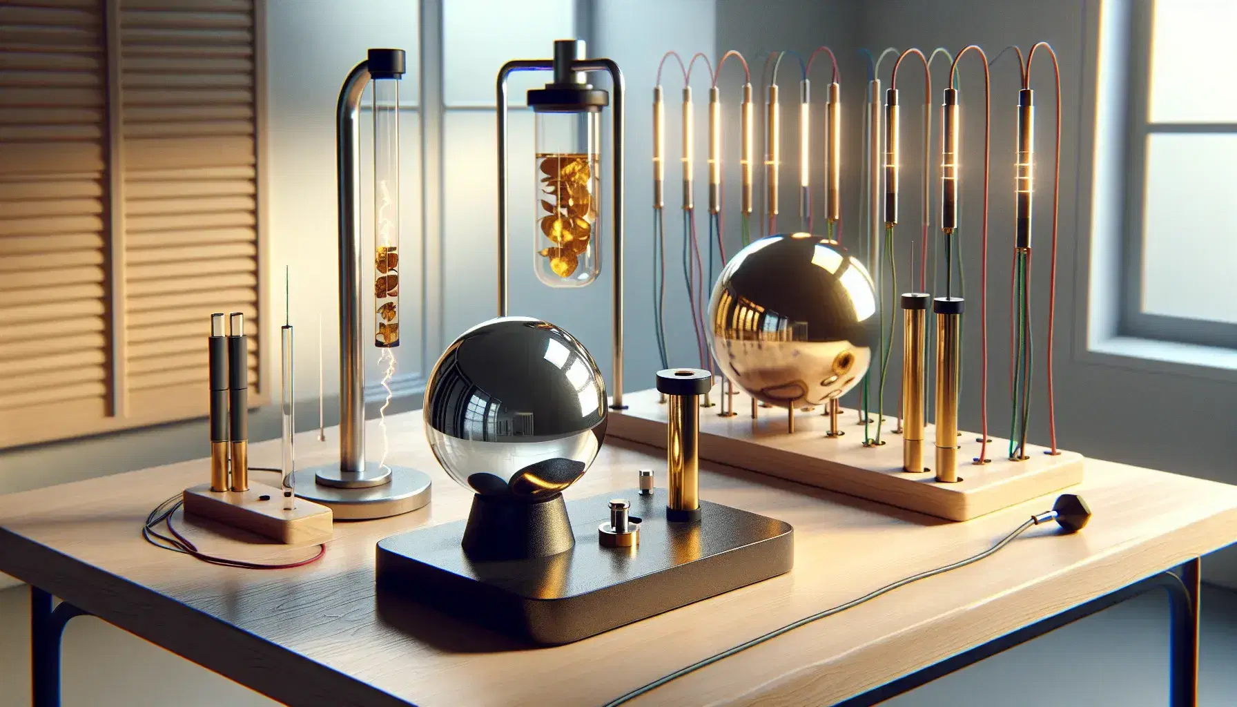 Laboratorio scientifico con sfera metallica su supporto isolante e elettroscopio a foglie d'oro indicante carica elettrica.