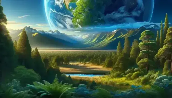 Natural landscape with green forest, golden prairie, meandering river, towering mountains and blue sky with earthly atmosphere.