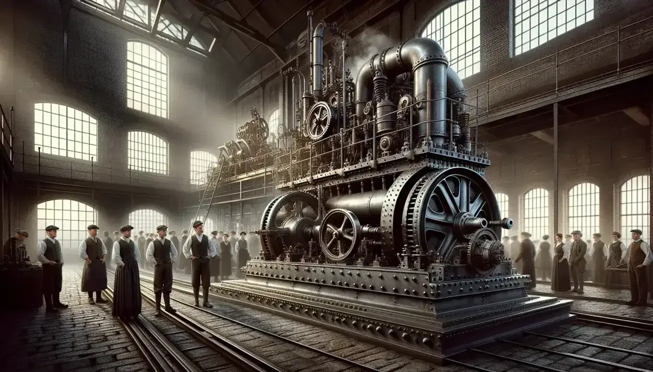 Maquinaria de vapor de hierro forjado y trabajadores en fábrica de la Revolución Industrial, con engranajes, sombras marcadas y texturas industriales.