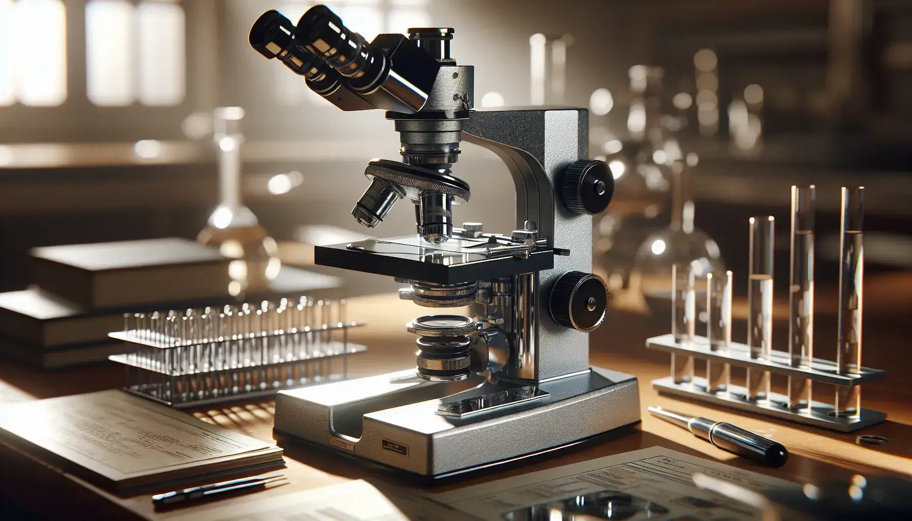 Microscopio ottico tradizionale su tavolo da laboratorio con vetrini preparati accanto, in ambiente scientifico ordinato.