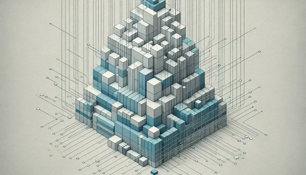 Bloques rectangulares en tonos de azul formando una estructura jerárquica con líneas grises conectadas, sobre fondo texturizado gris claro.