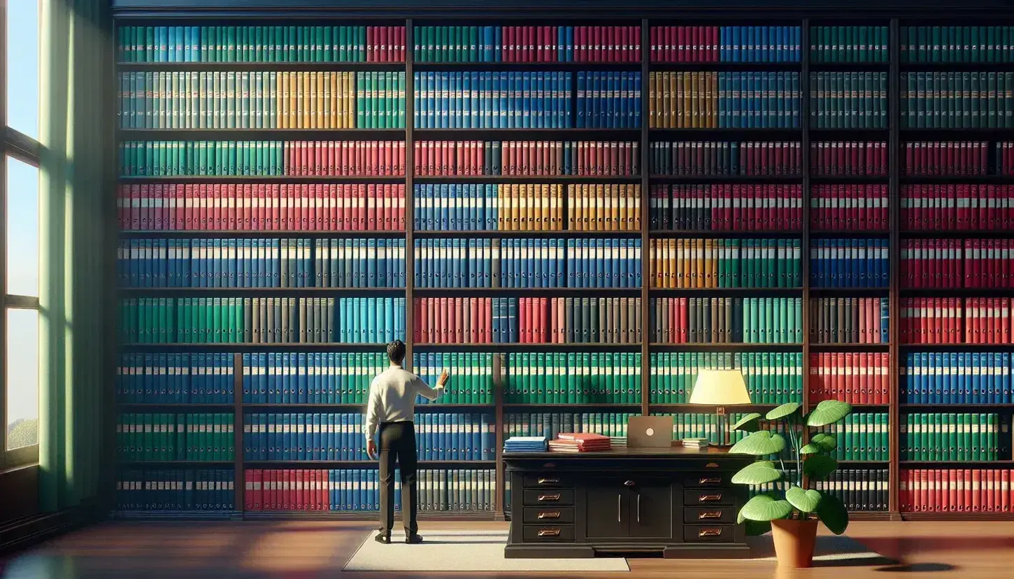 Biblioteca elegante con scaffali in legno scuro e raccoglitori colorati ordinati, persona di spalle sfoglia documenti, scrivania con laptop e pianta.