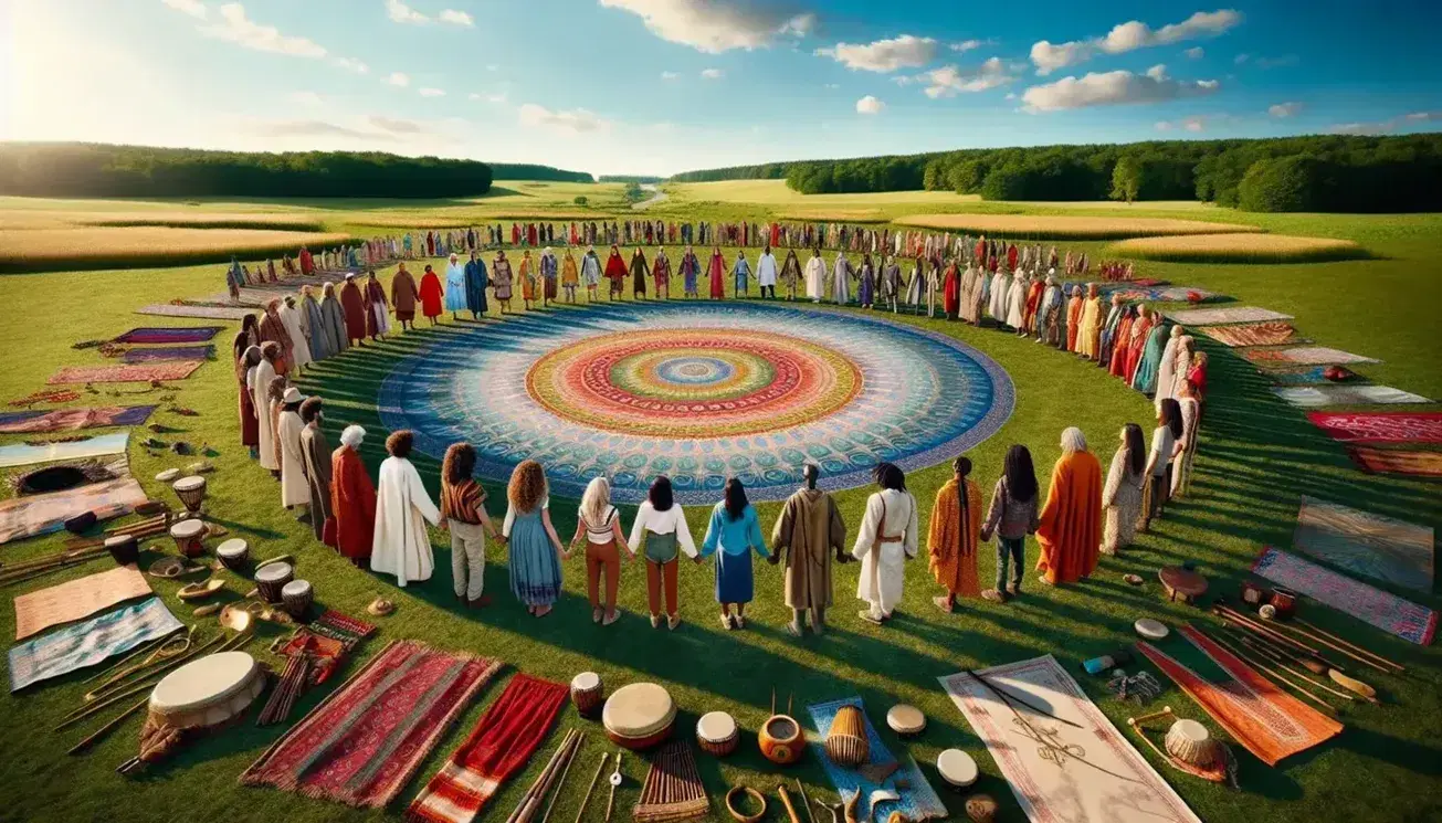 Círculo de personas diversas de distintas edades y culturas tomadas de la mano alrededor de instrumentos musicales tradicionales en un campo soleado.