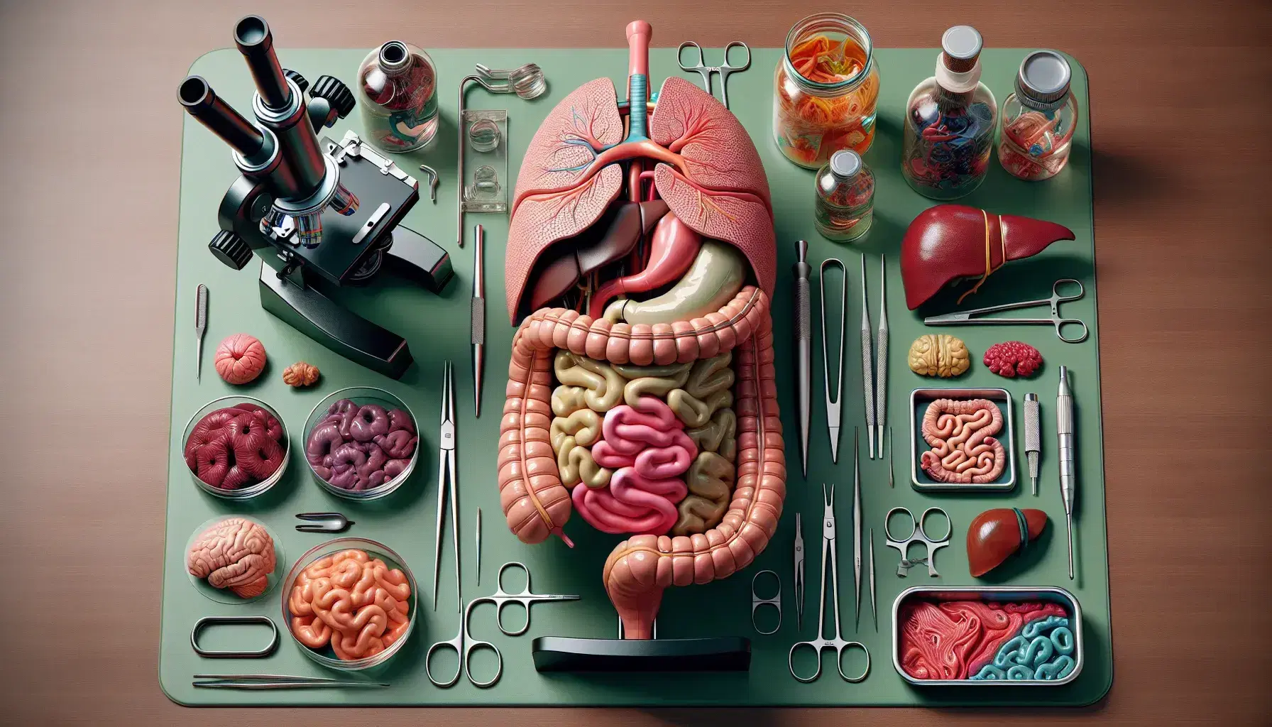 Modelo anatómico del sistema digestivo humano en mesa de laboratorio con microscopio y herramientas de disección, rodeado de frascos con tejidos.