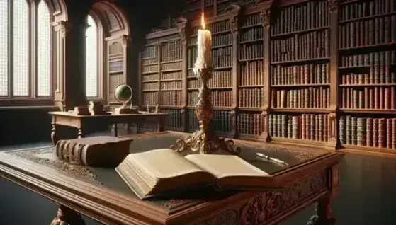 Classic 18th century library with carved wooden desk, open book, brass candlestick and shelves filled with bound volumes.