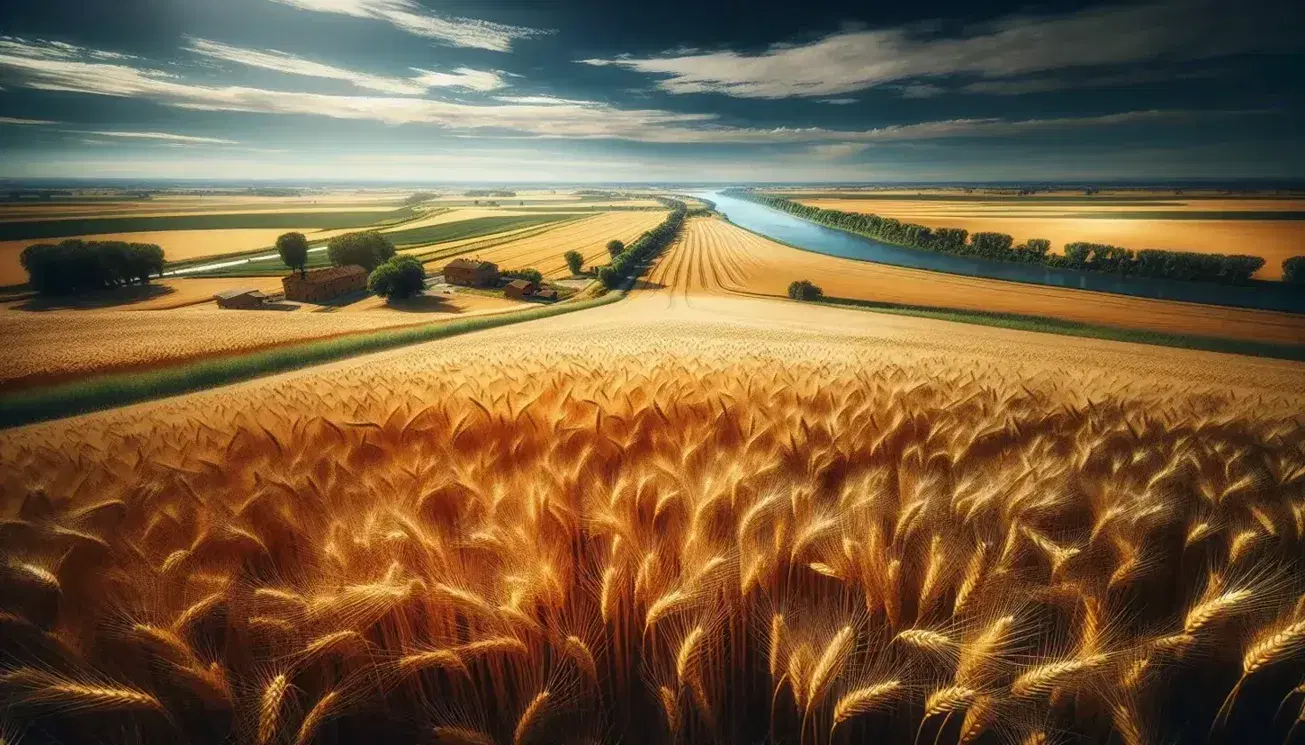 Paesaggio della Pianura Padana con campo di grano dorato, fiume Po in lontananza, cielo azzurro e cascina rustica.