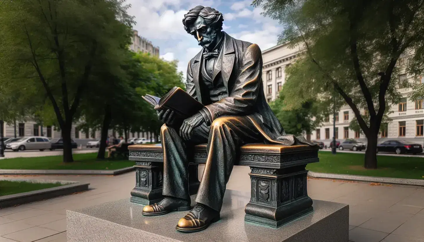 Statua in bronzo di filosofo contemplativo seduto su panchina con libro aperto in parco cittadino, circondato da alberi verdi e cielo azzurro.