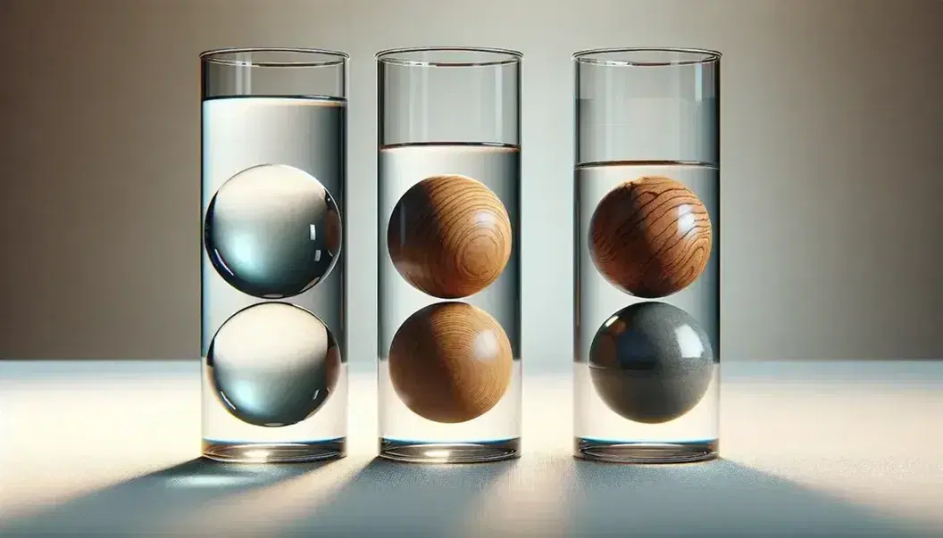 Sfere di vetro, legno e metallo in cilindri con acqua dimostrano densità diverse: vetro sospeso, legno galleggiante, metallo affondato.