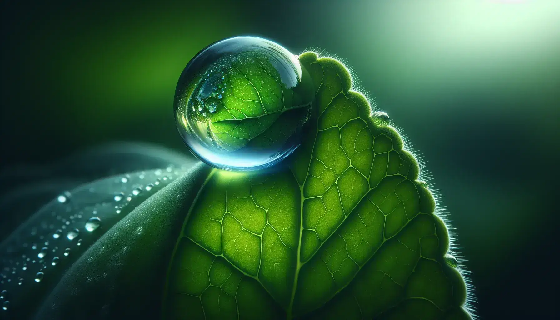 Almost spherical water drop on bright green leaf with dark veins, refracts light with inverted image of the environment, blurred background.