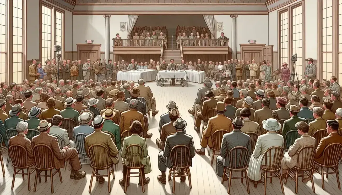 Diverse group of attentive citizens seated at a town hall meeting, facing a stage with a microphone, in a well-lit community hall.