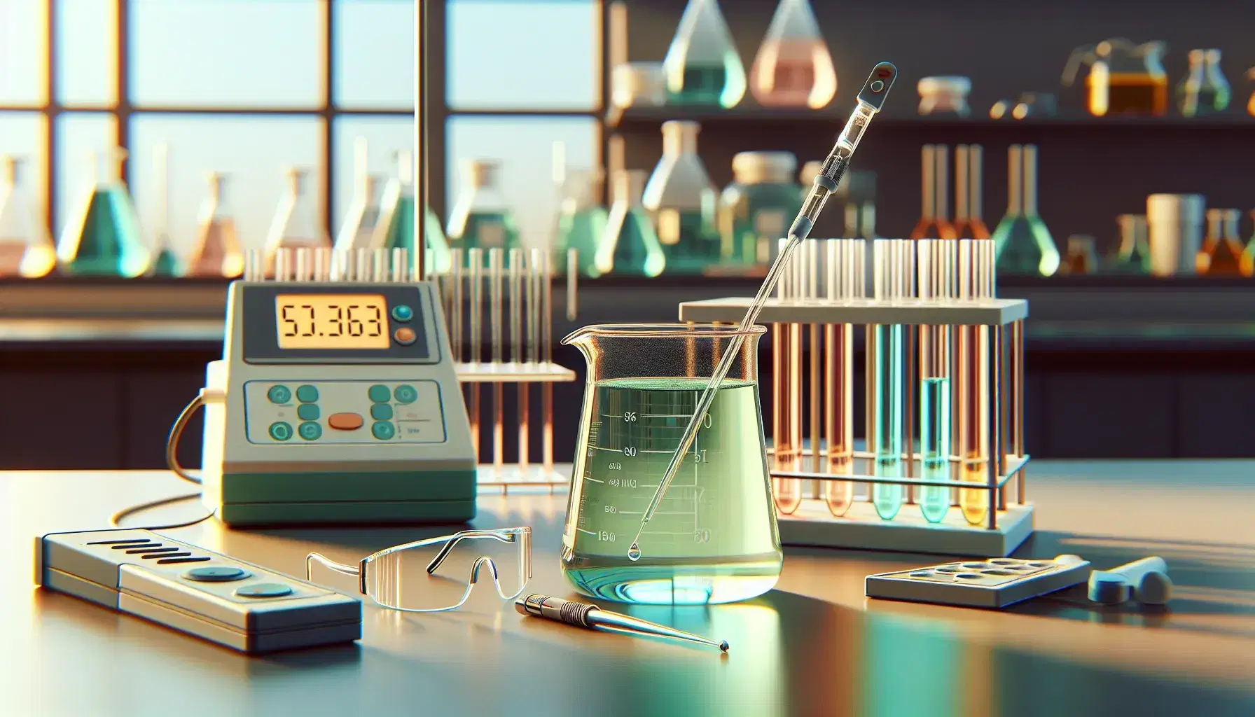 Chemical laboratory with beaker containing green solution, pipette with blue liquid, pH meter, colored test tubes, safety glasses and latex gloves.