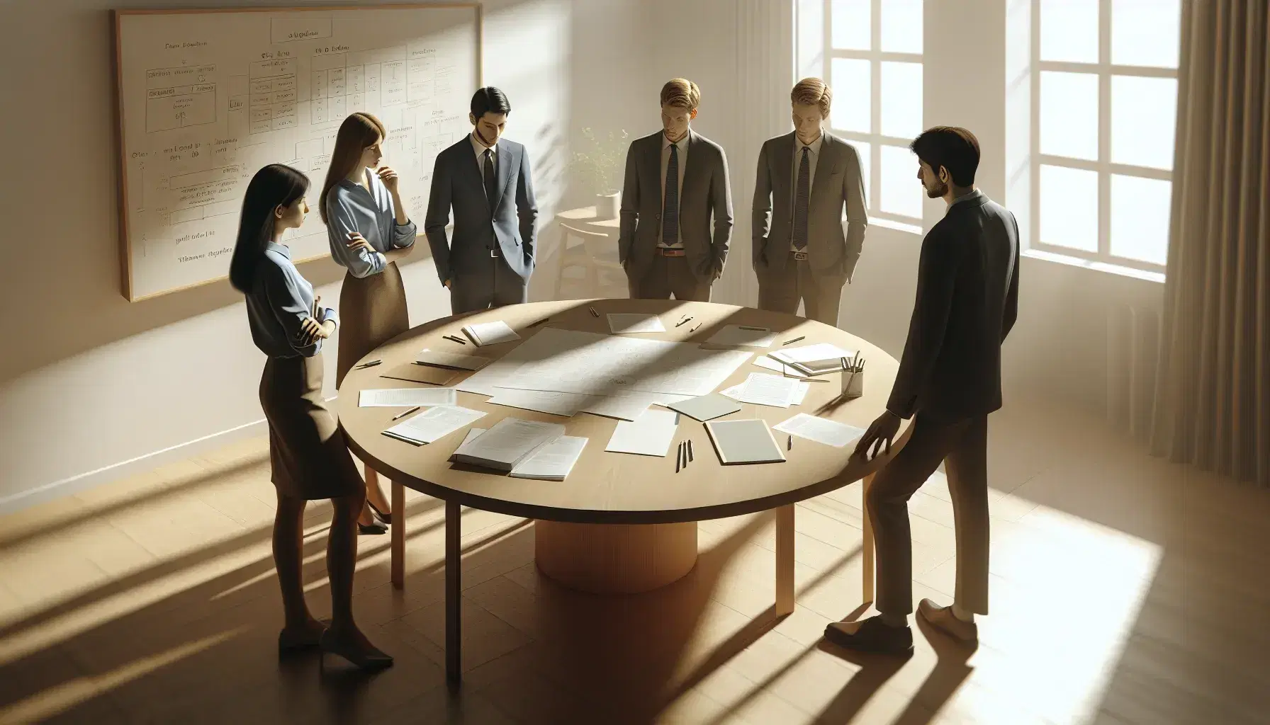 Grupo de cinco profesionales colaborando en una mesa redonda con documentos y útiles de escritura, en una oficina iluminada con luz natural y una pizarra al fondo.